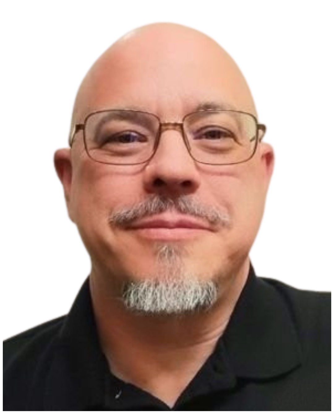 Bill Glover: Headshot Image of Bill Glover, a bald man in glasses wearing a black polo shirt. He is smiling and has a salt and pepper mustache and wide goatee.