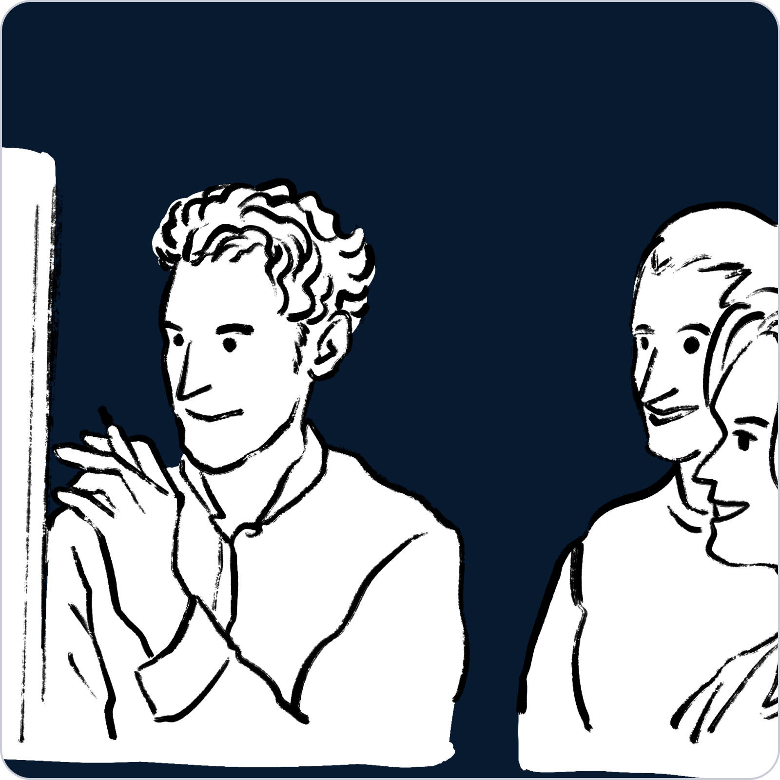 AGTECH FOUNDERS A group of three people, one pointing or interacting with a large screen or board. They appear engaged and attentive. The background is dark blue.