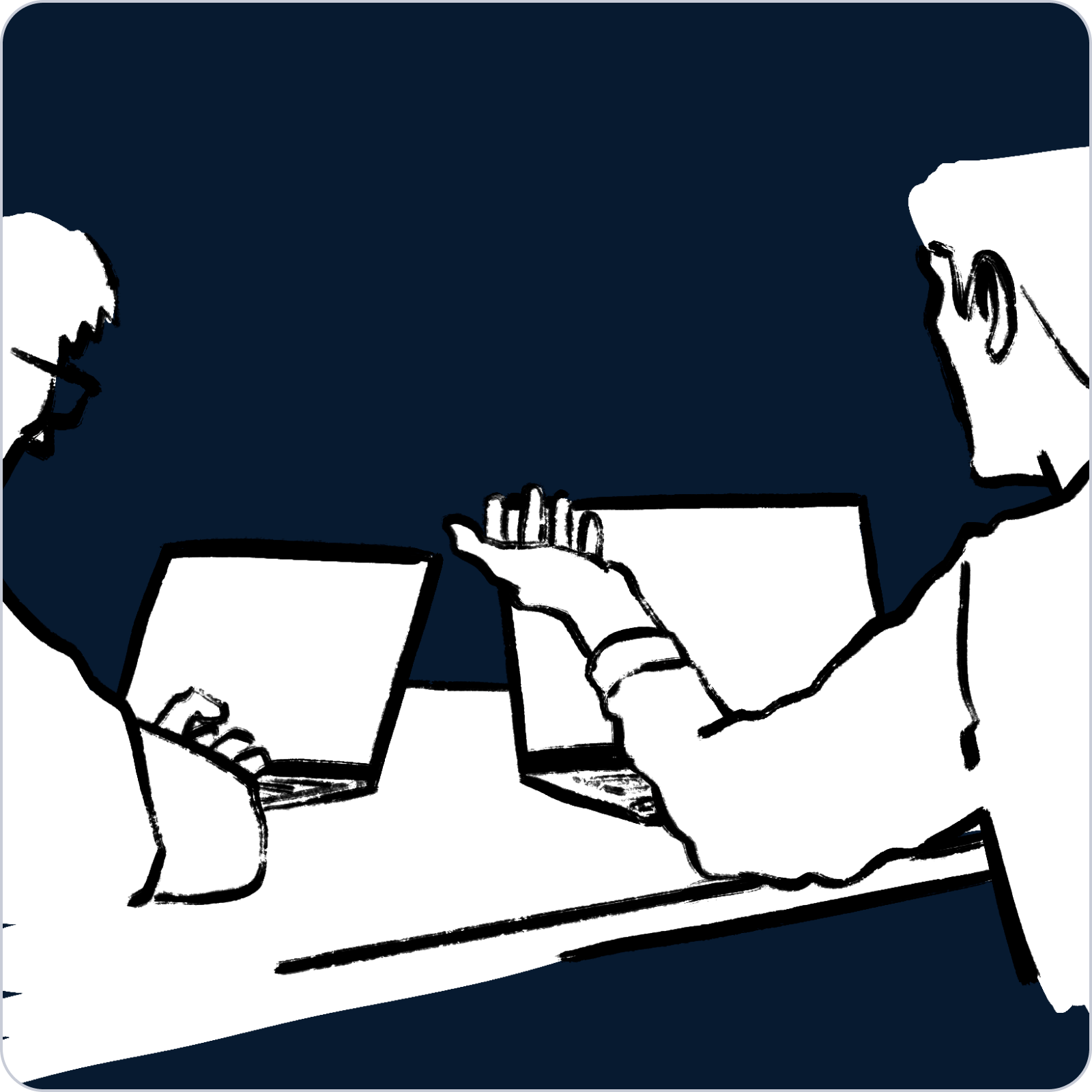 Agribusiness Execs Two people sit at a table with open laptops, engaged in discussion. One person gestures with their hand while the other looks at their screen. The background is dark blue.