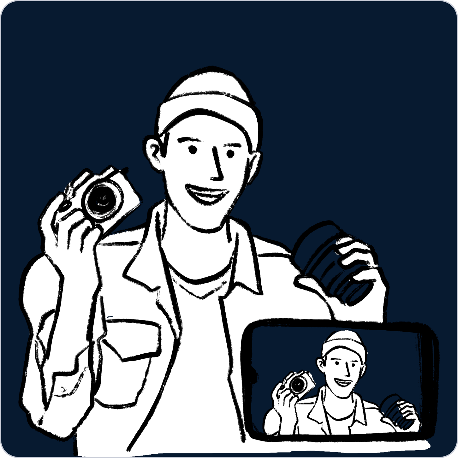 Ag Creators A smiling person wearing a cap holds a camera in one hand and a lens in the other, while being recorded on a smartphone screen in the foreground. The background is dark blue.